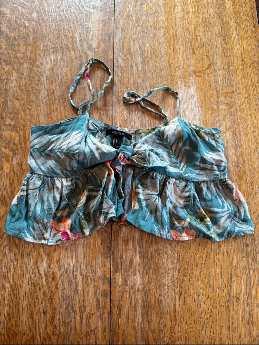 Forever 21 Teal Floral Tie-Front Ruffle Crop Top